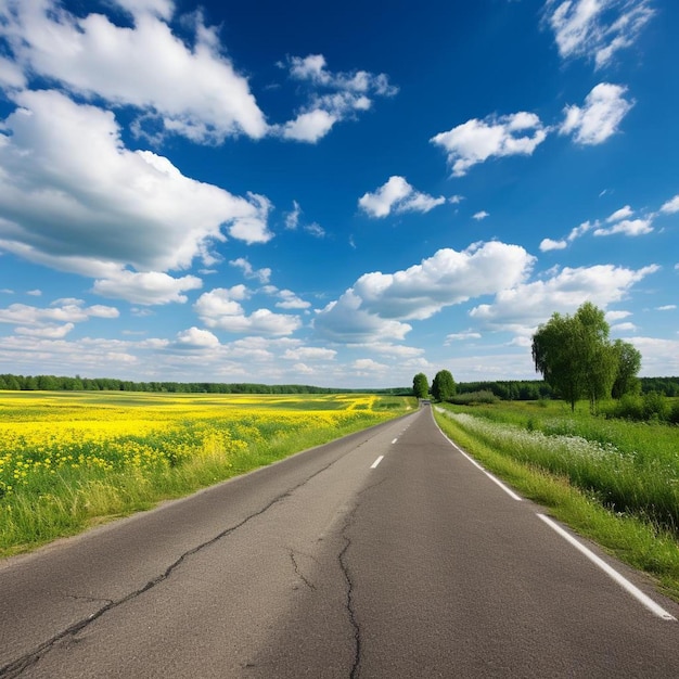 Photo a road with a yellow canola field and a blue sky with clouds