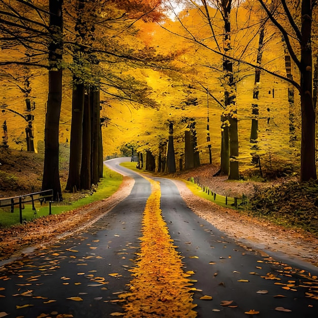 A road with yellow leaves and a road that has a yellow line that says fall on it