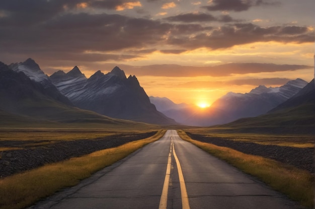 a road with a yellow line that says sunset on it