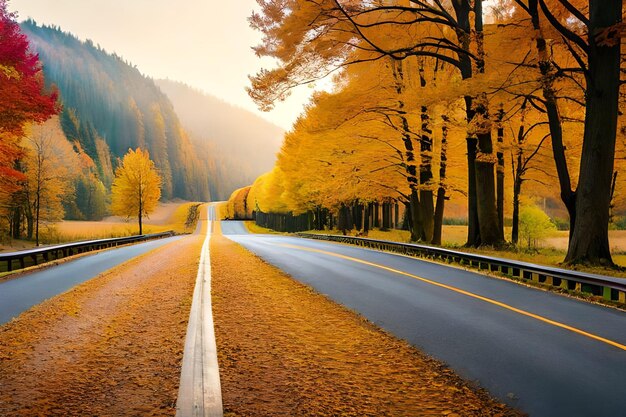 A road with a yellow tree on the left side