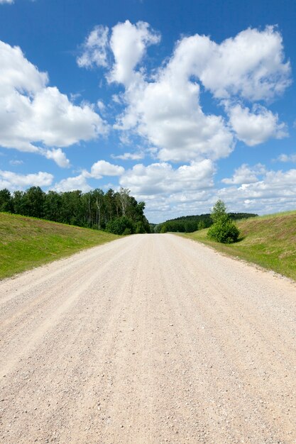 Road without asphalt, photographed on a summer day. cloudy weather. countryside. On the heights rastu agricultural crops