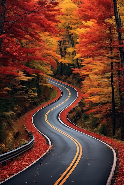 a road in the woods with autumn colors in the style of classic american cars