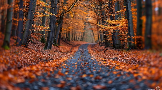 a road in the woods with autumn leaves