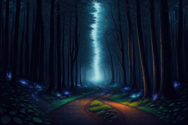 A road in the woods with a blue light at the bottom.