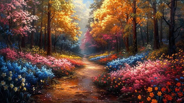 a road in the woods with colorful flowers
