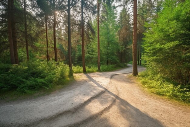 A road in the woods with the sun shining on it