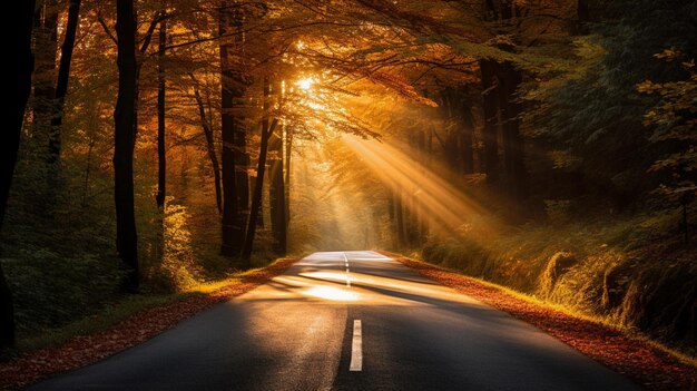 A road in the woods with the sun shining through the trees