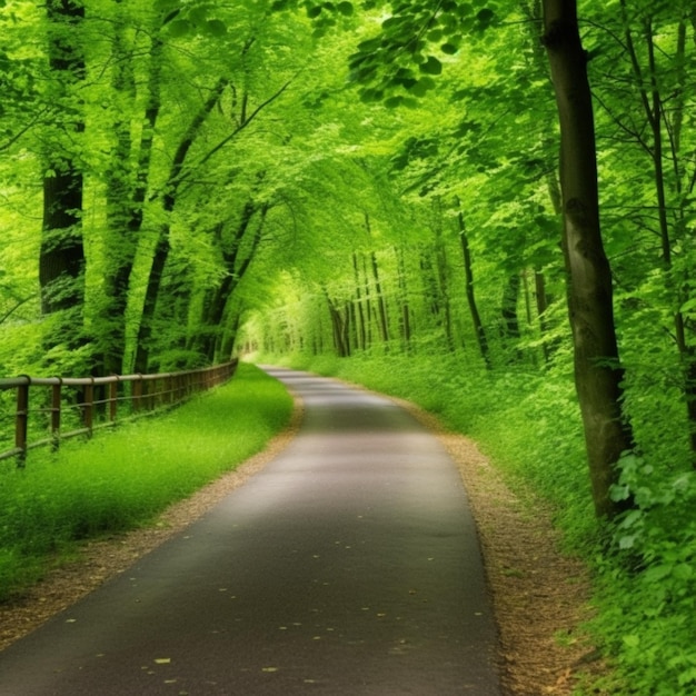 A road in the woods with a tree on the left side