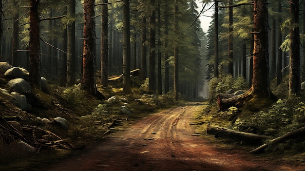 A road in the woods with a tree stump in the middle