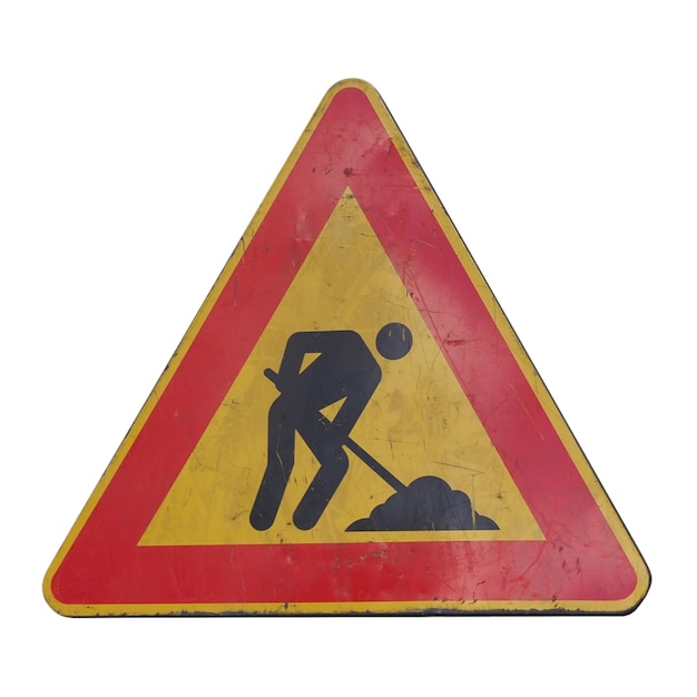 Photo road works sign with copy space isolated over white