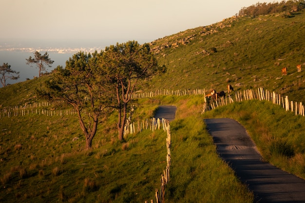 Roads through  mountain next to the coast.