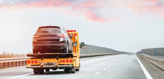 Photo roadside assistance services for vehicle breakdowns and accidents on the highway a tow truck with a flatbed and a recovery truck can tow your vehicle to a secure place