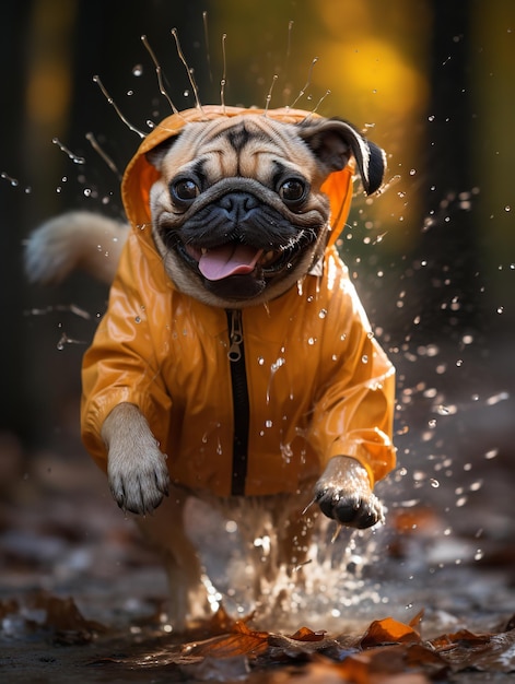 Roadside puddle leaping by a fawn pug wearing a raincoat Generative AI