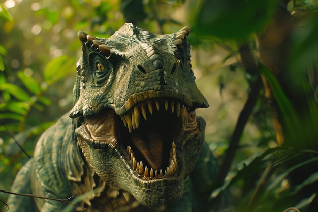 A roaring allosaurus in the jungle