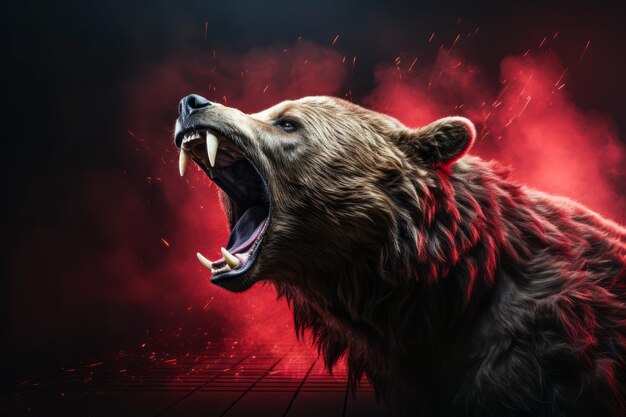 Photo roaring bear on red smoke background stock market cryptocurrency concept financial investment