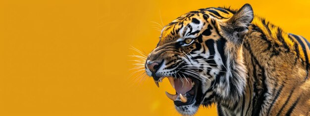 Ревущий большой тигр на ярко-желтом фоне Мощный портрет дикого животного вблизи Разгневанный хищник