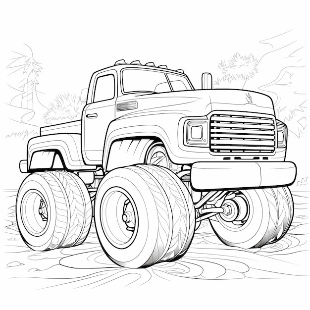 Photo roaring bonds lovely child and monster truck coloring pages in cartoon style