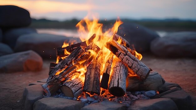 A roaring campfire outdoors Generative AI