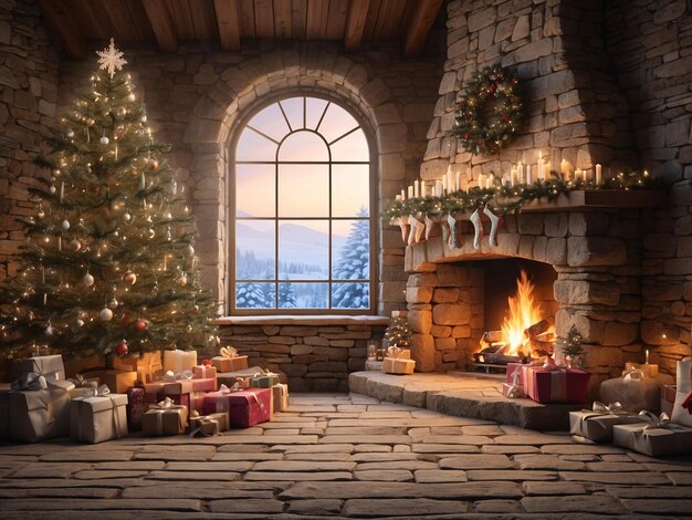 Photo roaring fire inside a christmas house