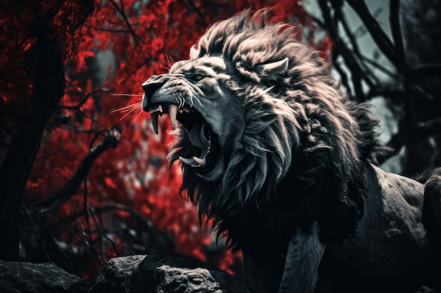 Roaring lion infrared art In the forest side view