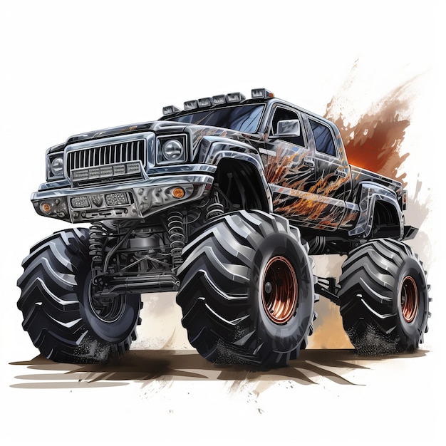 Photo roaring power a realistic 8k monster truck with black and silver design flaming exhaust and clipa