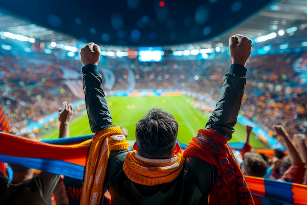 Roaring Soccer Fans Back View of Colorful ScarfWaving Supporters at Evening Stadium Match