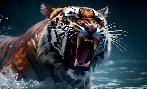 Roaring tiger crossing the stream AI generated