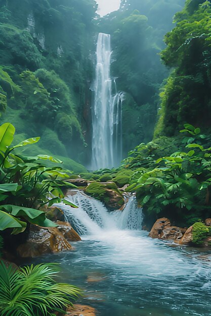 A roaring waterfall surrounded by lush greenery AI generate illustration