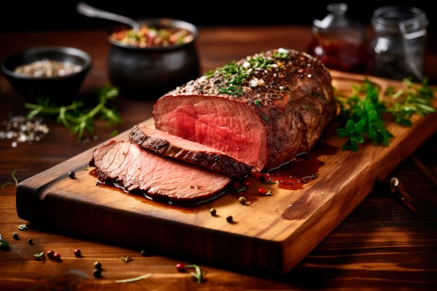 Roast beef on cutting board with pepper and herbs and wooden table background