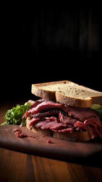 A roast beef sandwich with lettuce on a cutting board generative AI