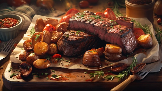 A roast beef steak is displayed on a wooden table