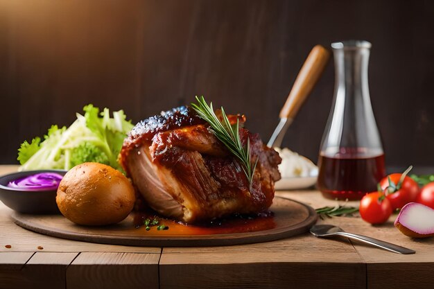 A roast beef with a bottle of wine next to it