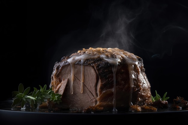 A roast beef with gravy and gravy on top