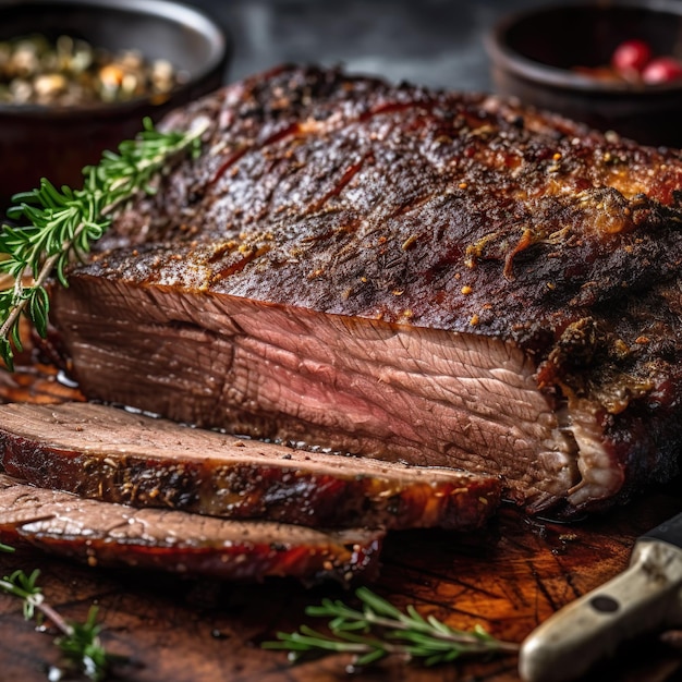 Premium Photo A roast beef with a knife next to it