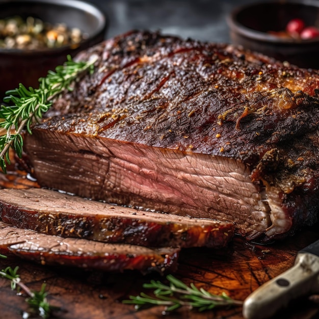 A roast beef with a knife next to it