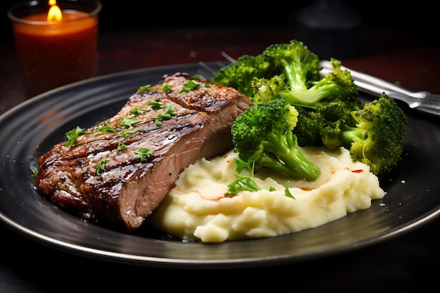 roast beef with mashed potatoes and dill on a dark background