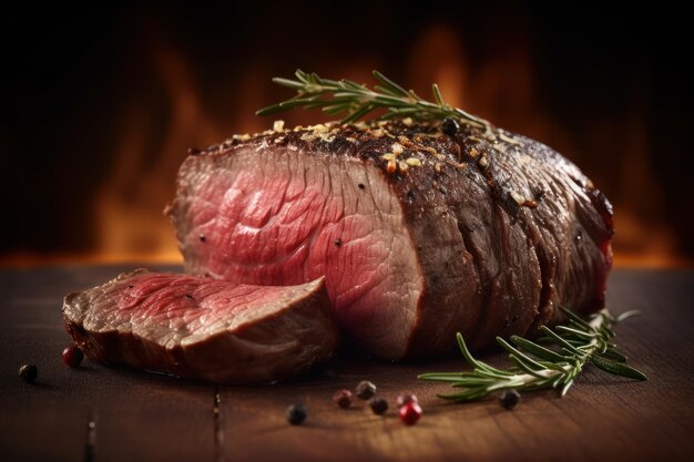 A roast beef with a sprig of rosemary on it