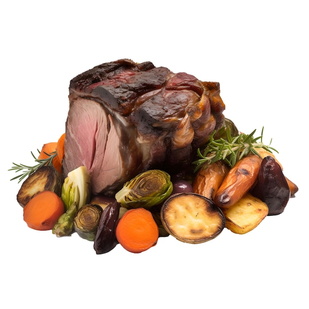 A roast beef with vegetables and a sprig of rosemary.