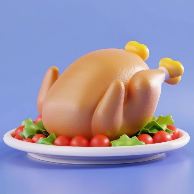 Roast chicken 3d icon in plastic cartoon style Minimalistic 3d illustration of Christmas baked chick