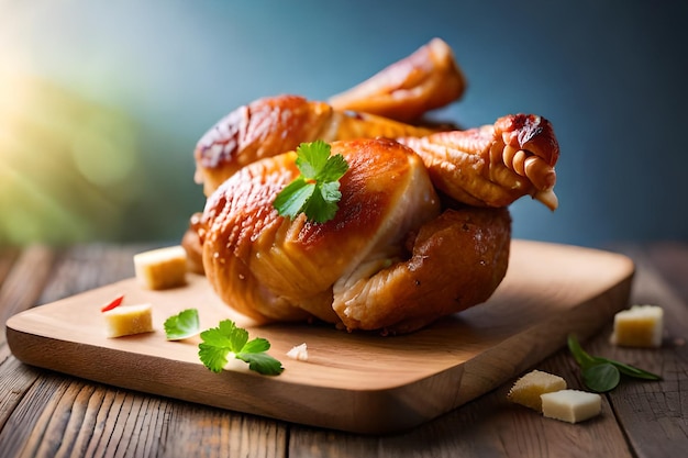 A roast chicken on a cutting board with cheese and parsley on the side.