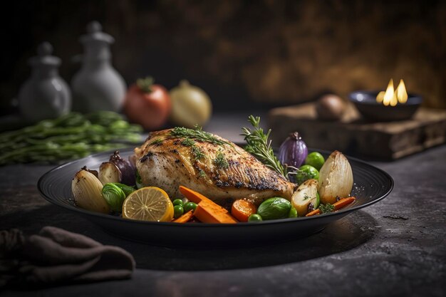 Roast chicken fillet and vegetables