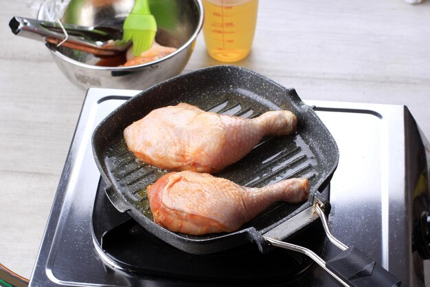 Roast Chicken on Grey Pan, Step by Step Cooking Process in the Kitchen