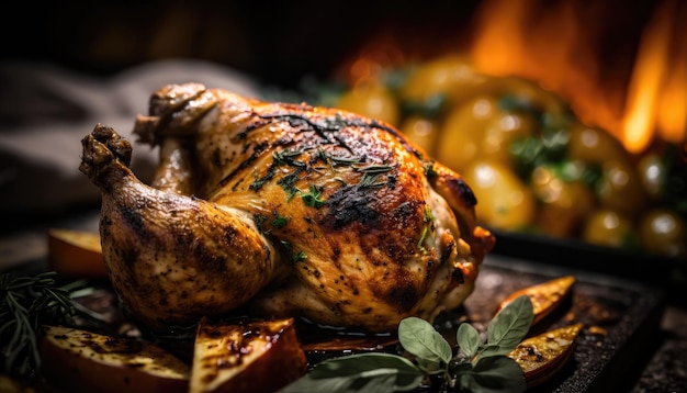 A roast chicken is served in front of a fire.