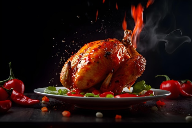 A roast chicken is shown on a plate with a fire on the side.