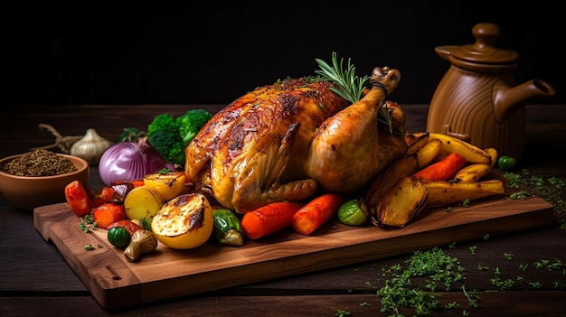 A roast chicken on a platter with vegetables and a pot of tea