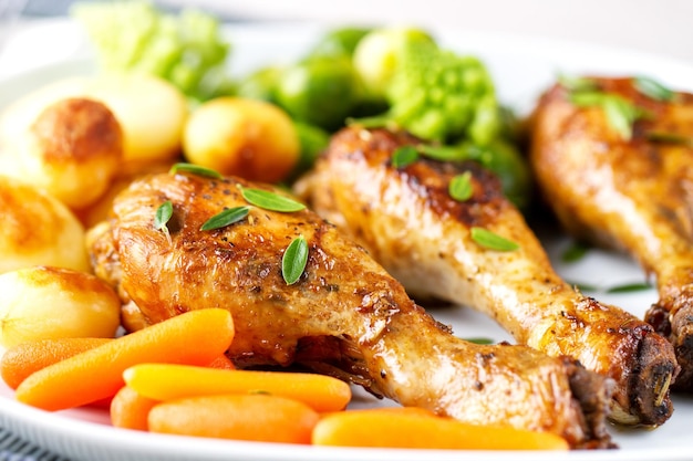 Roast chicken thighs with potatoes carrots broccoli and brussels sprouts