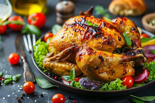 Roast chicken with french fries and vegetable salad on the table