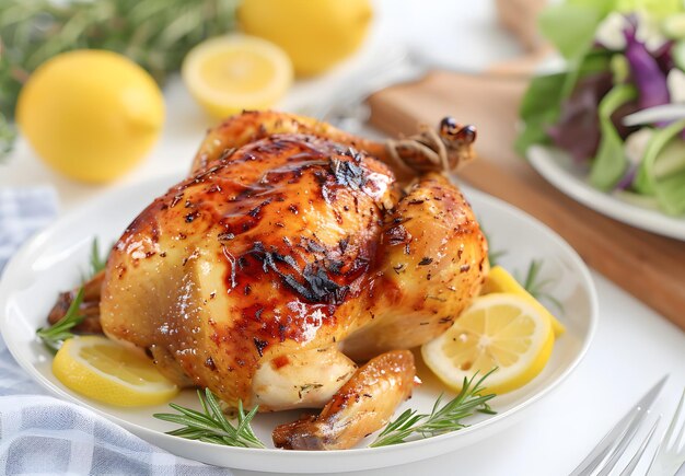 Roast chicken with french fries and vegetable salad on the table