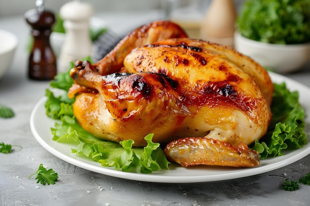 Roast chicken with french fries and vegetable salad on the table