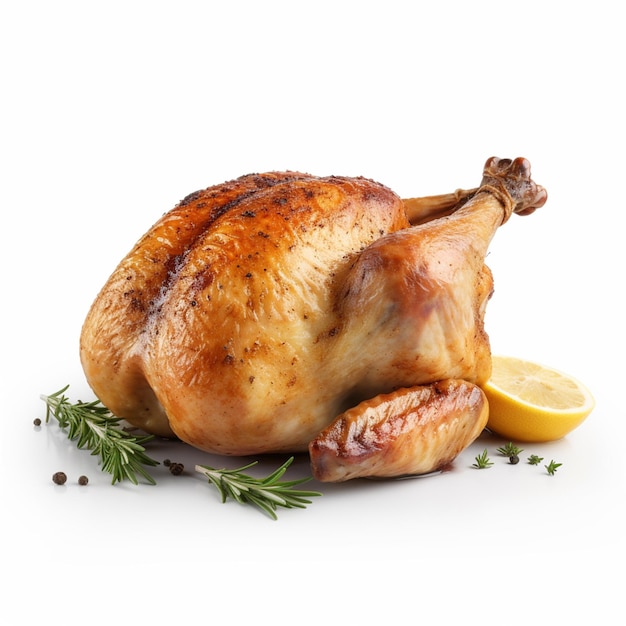 A roast chicken with a lemon on the side